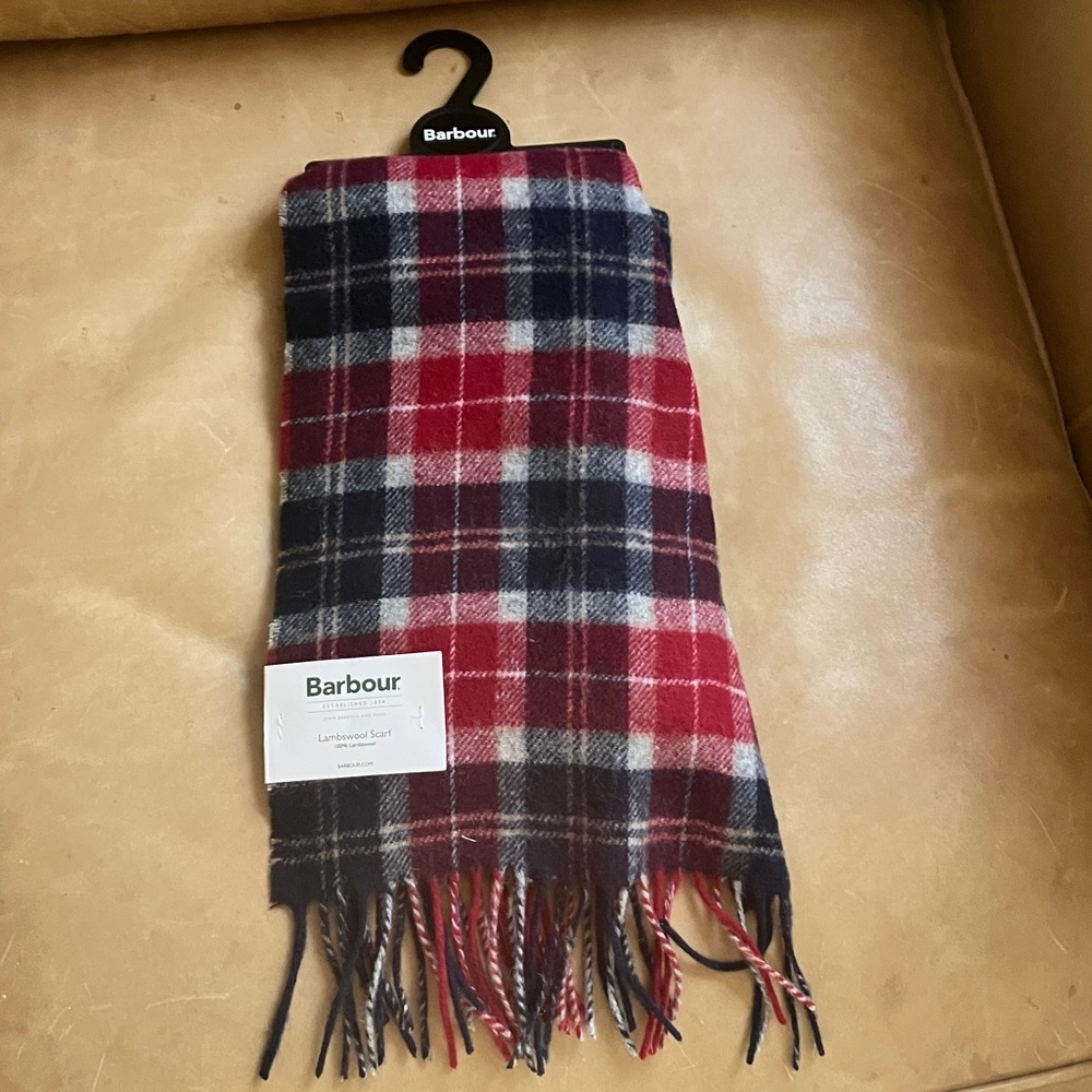 Barbour Red and Navy Plaid Tartan lambswool Fringe Scarf